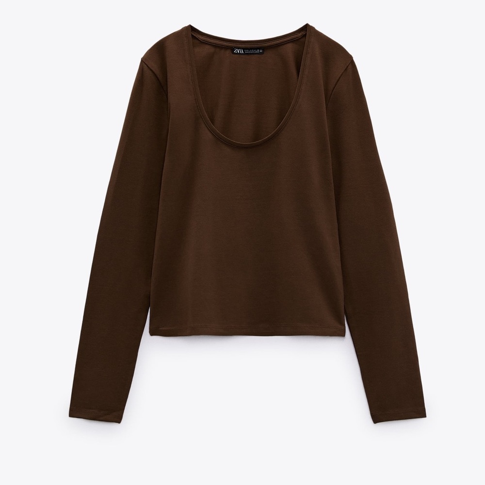 🤍 ZARA Basic Brown Stretch Long Sleeve Top